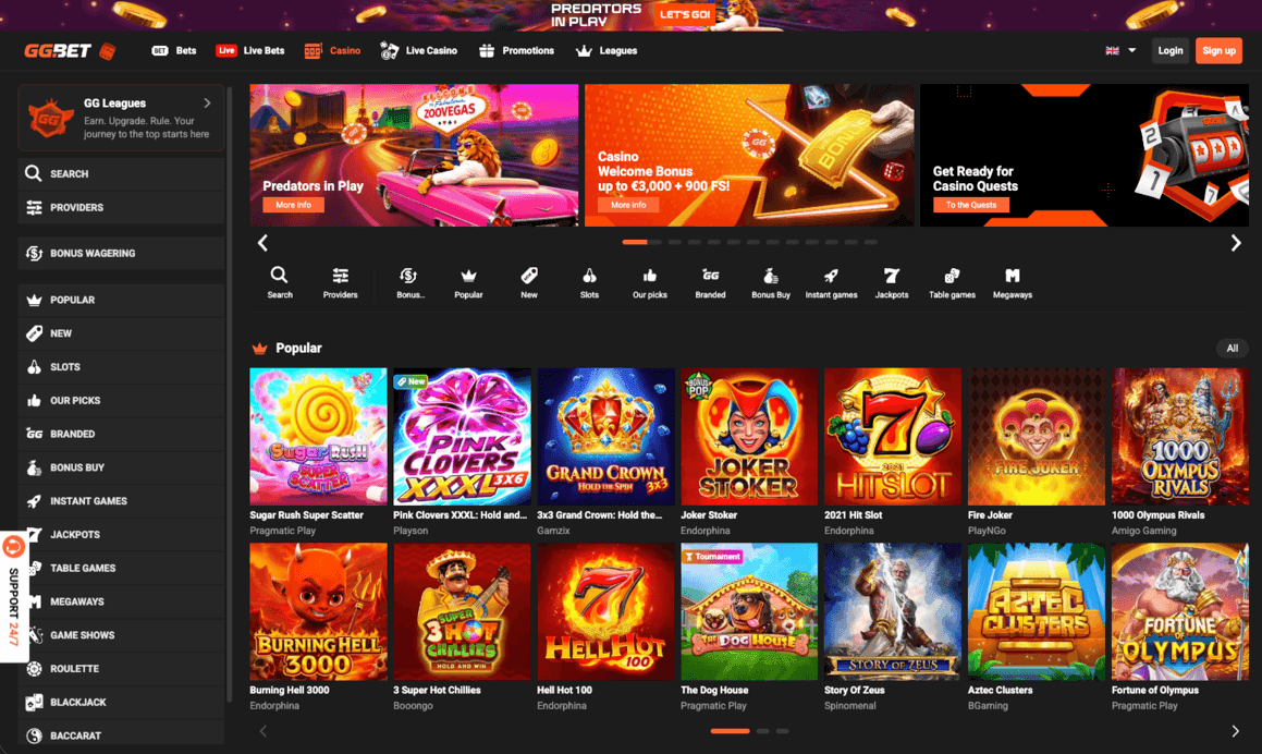 GGBet casino lobby with promotions banner and popular slots