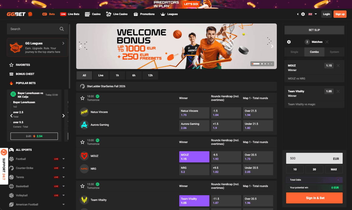 GGBet sportsbook with live esports matches and a welcome bonus banner