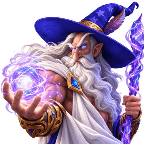 FreeSpinsBest wizard mascot conjuring a glowing orb of magic energy