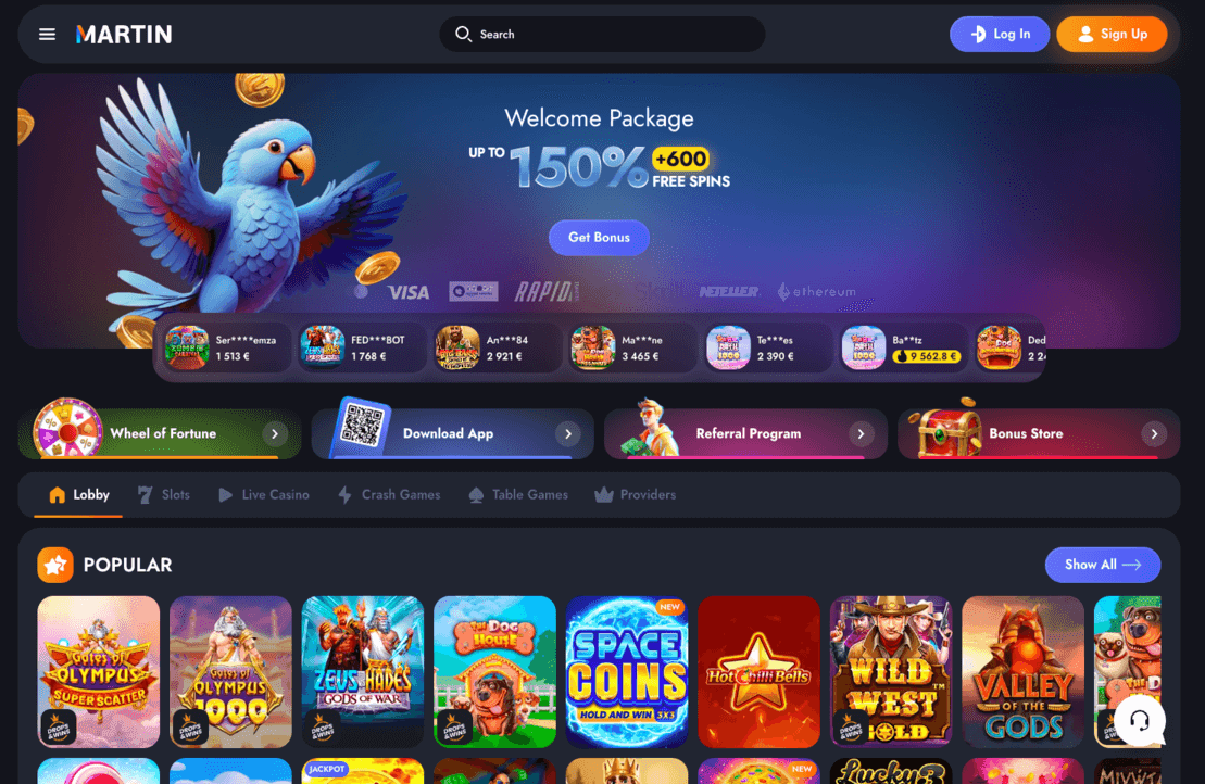 Martin Casino lobby with welcome package banner and popular slots