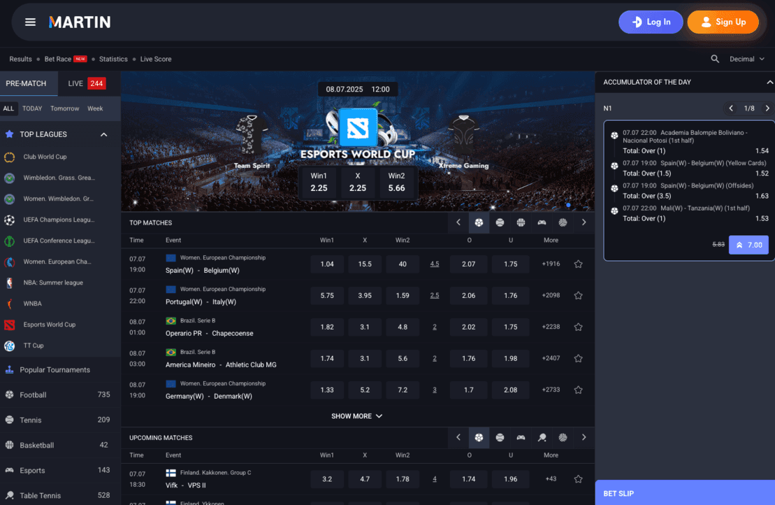 Martin Casino sportsbook with pre-match football betting markets