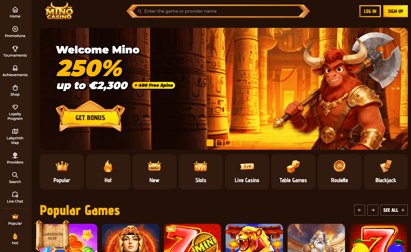 Mino Casino lobby with welcome bonus banner and game categories