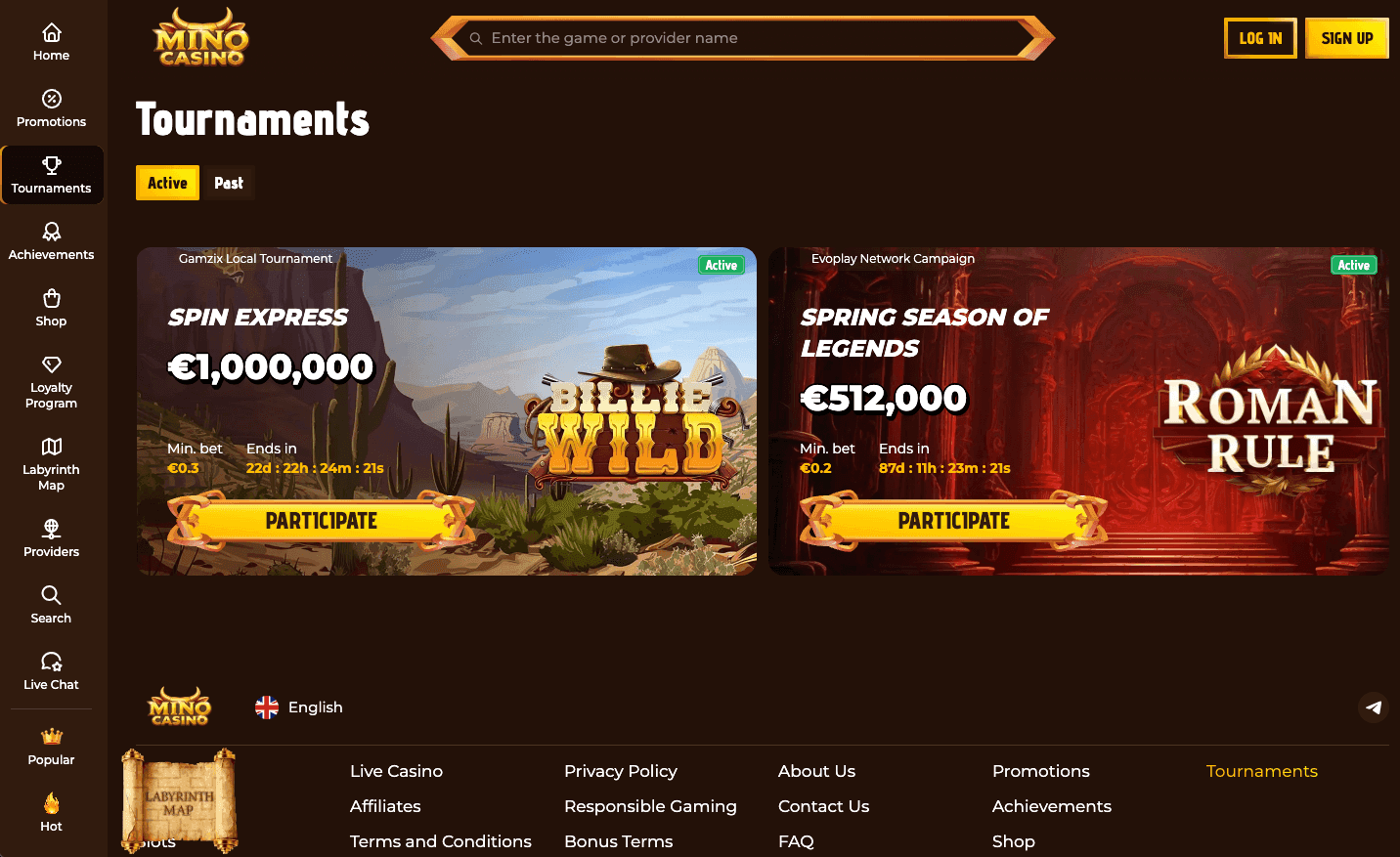 Mino Casino tournaments page with active prize pools