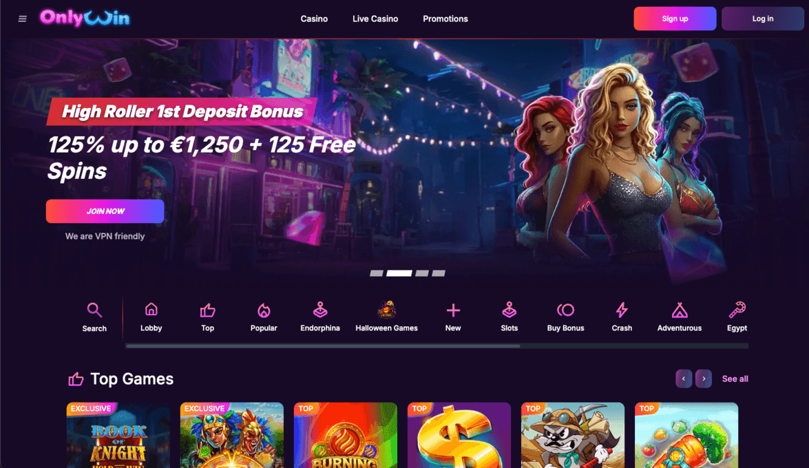 OnlyWin Casino lobby with a high roller deposit bonus banner and top games