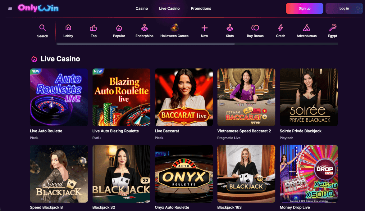 OnlyWin Casino live casino lobby with roulette, baccarat and blackjack tables