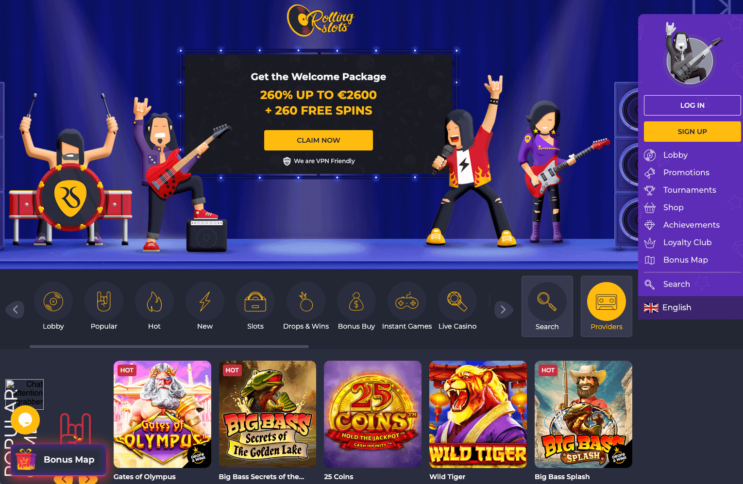 Rolling Slots lobby with welcome package banner and popular games