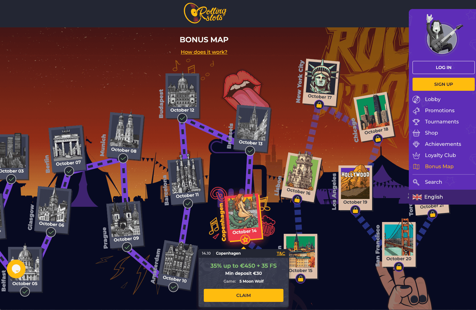 Rolling Slots Bonus Map with city-themed promotions along a tour route
