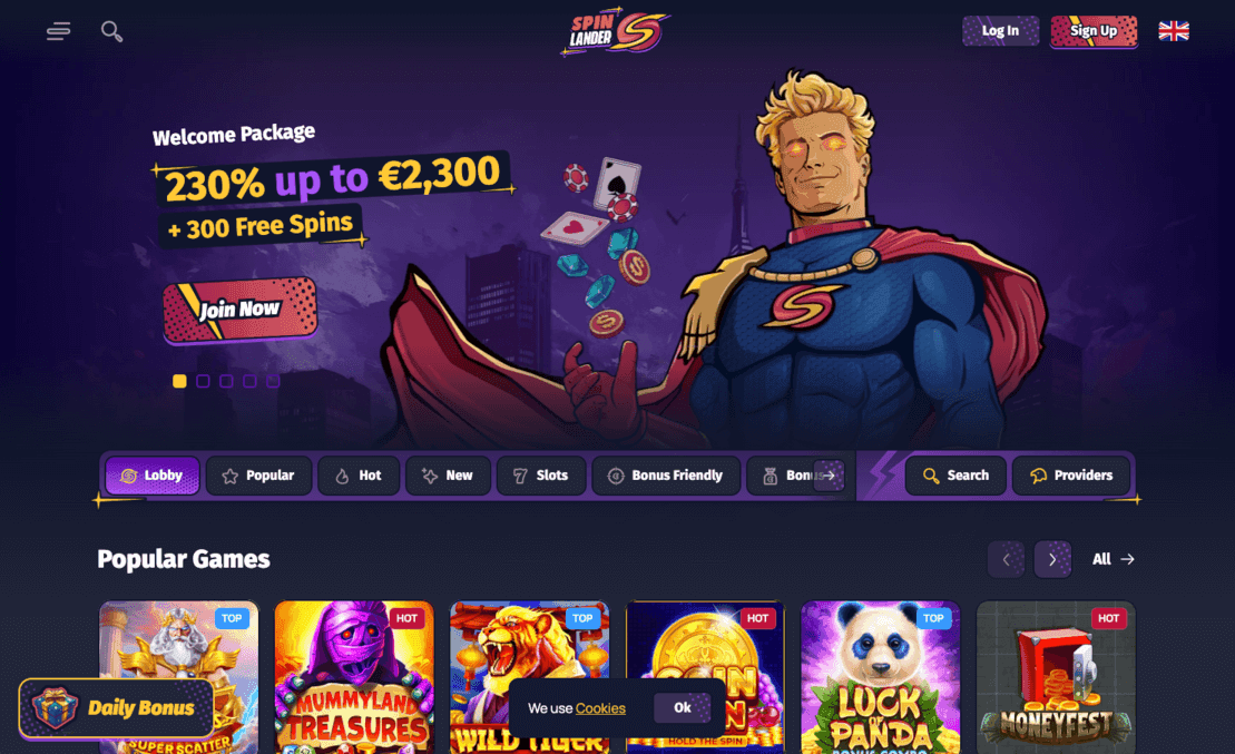 Spinlander lobby with welcome package banner and popular games
