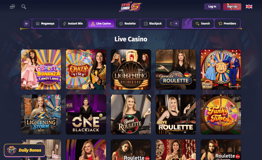 Spinlander live casino lobby with roulette, blackjack and game shows