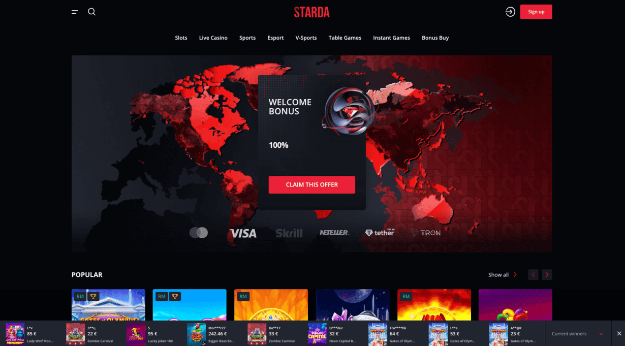 Starda Casino lobby with welcome bonus banner and popular slots
