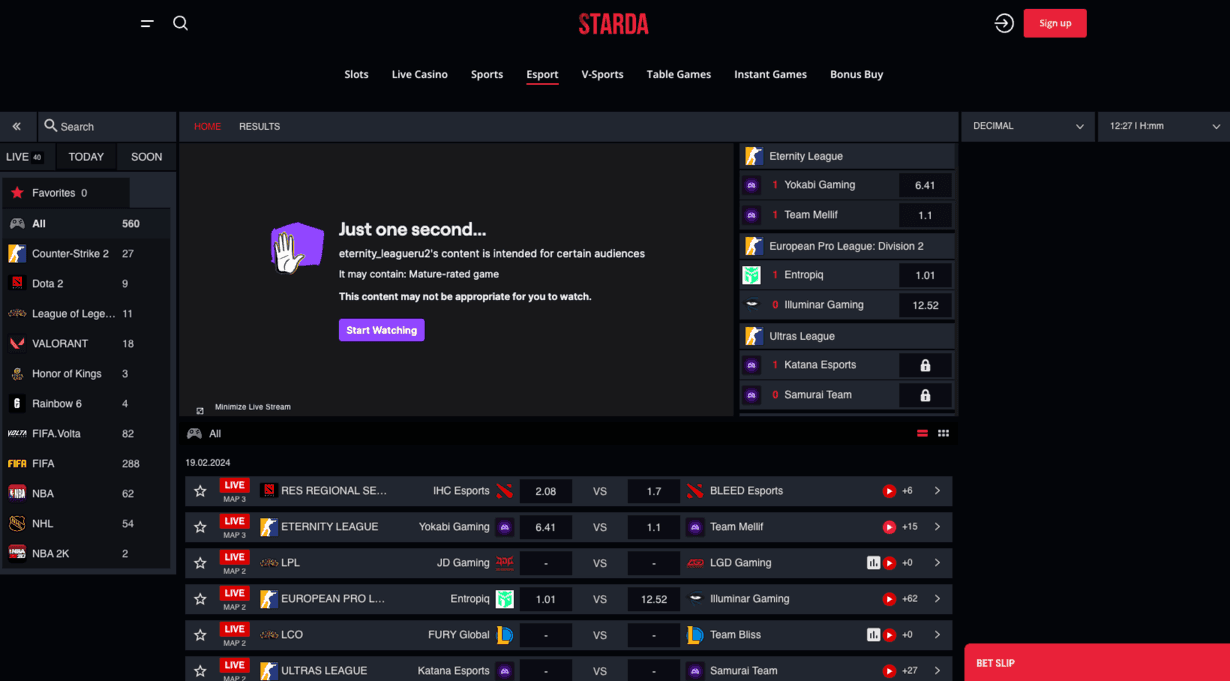 Starda Casino esports betting section with live matches
