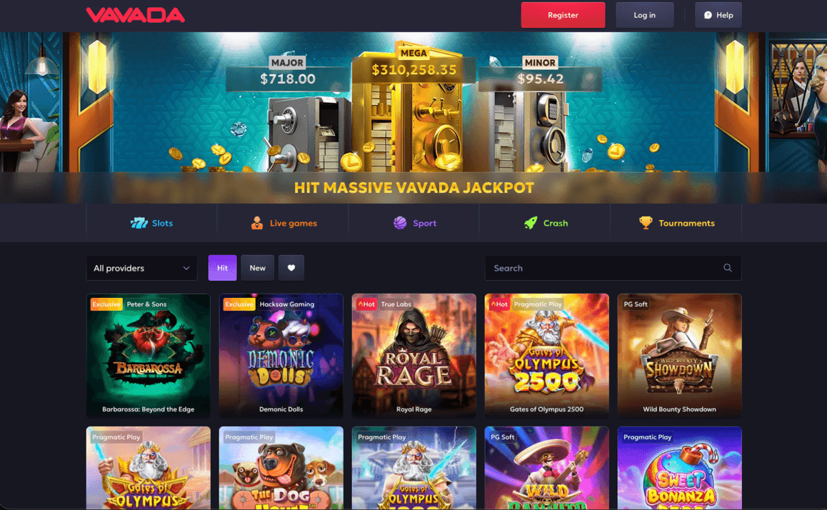 Vavada lobby with jackpot banner and slot categories