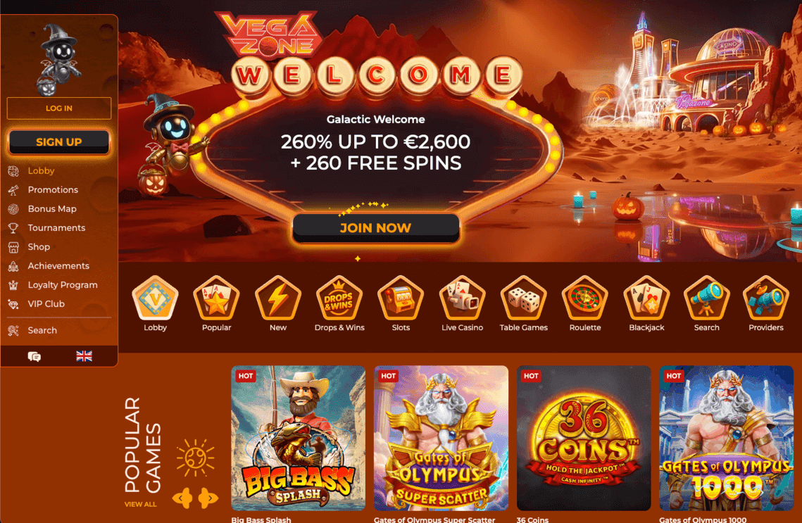 VegaZone lobby with welcome banner and popular games