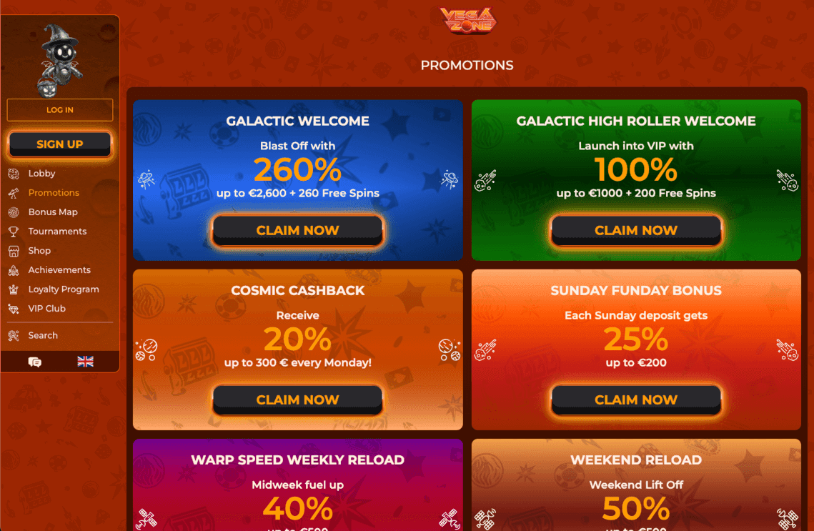 VegaZone promotions page with welcome, cashback and reload offers
