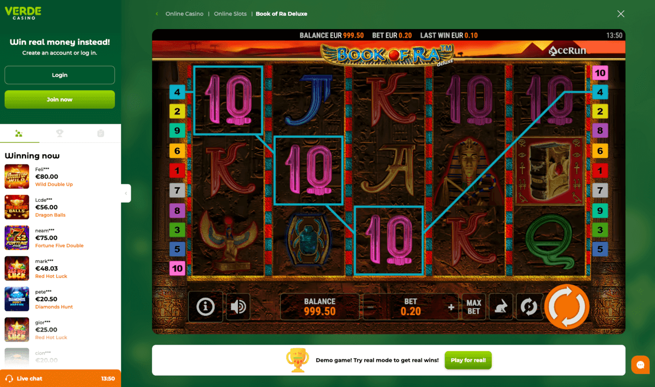 Book of Ra Deluxe slot in demo mode at Verde Casino