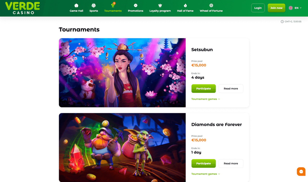 Verde Casino tournaments page with prize pools