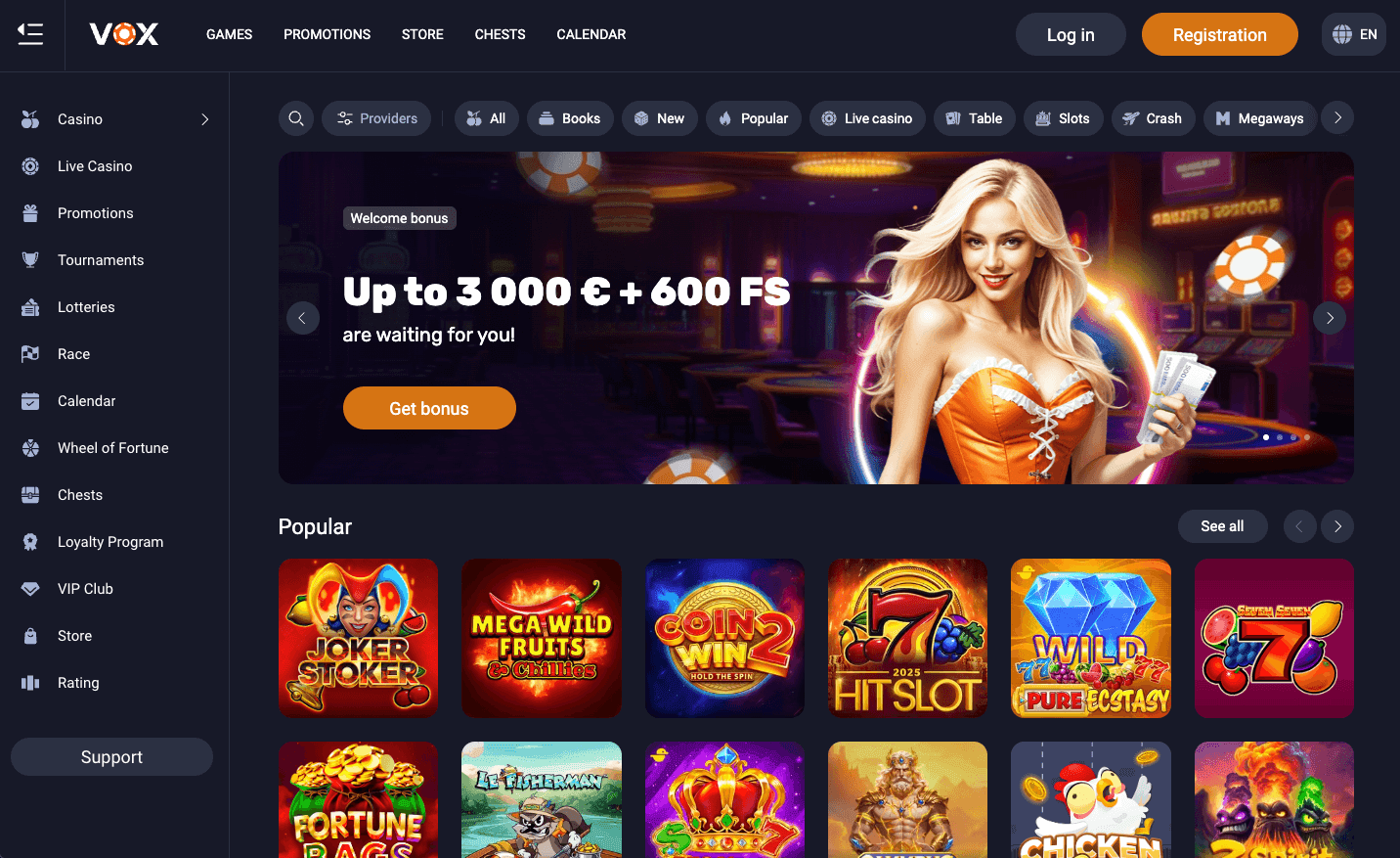 Vox Casino lobby with welcome bonus banner and popular slots