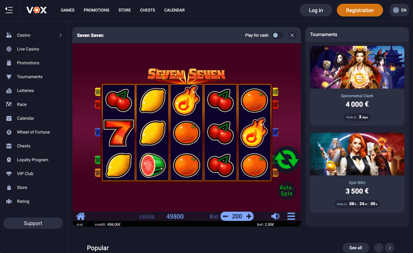Seven Seven slot with a tournaments panel at Vox Casino