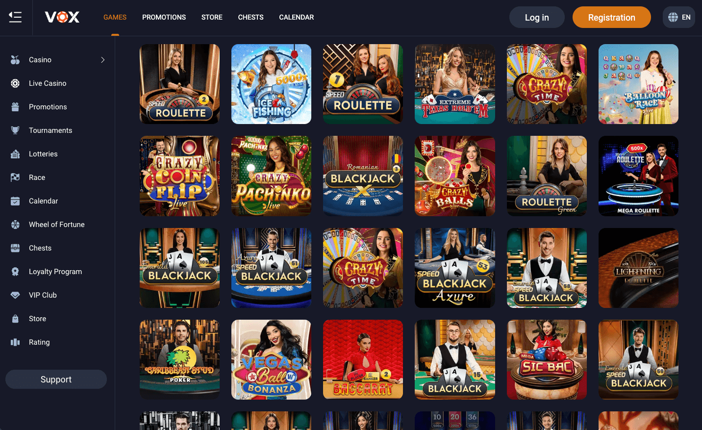 Vox Casino live casino lobby with roulette, blackjack and game shows