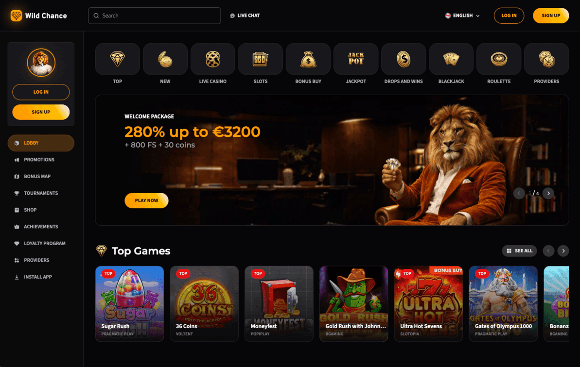 Wild Chance lobby with welcome package banner and top games