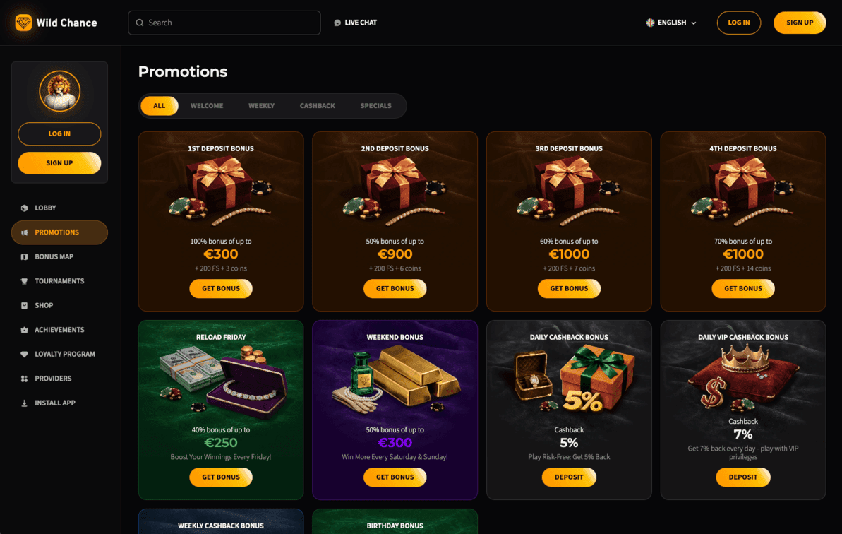 Wild Chance promotions page with deposit bonuses and weekly offers