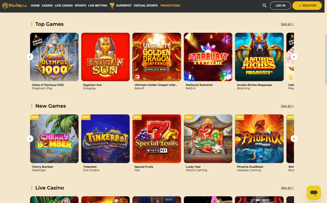 WinMega lobby with top games and new releases